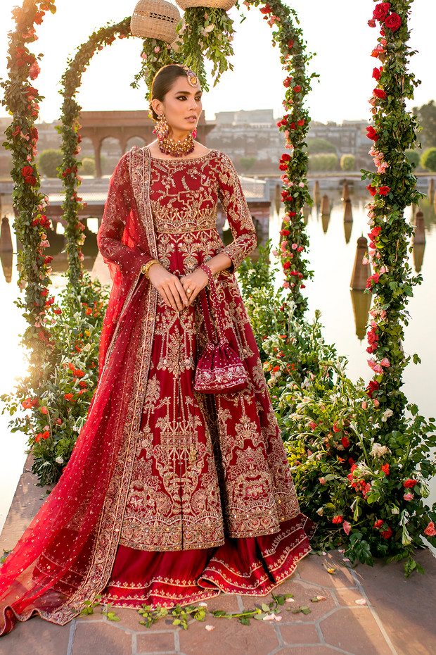 Pakistani Bridal Dress in Maroon Cotton Net & Raw Silk