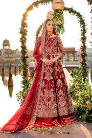 Pakistani Bridal Dress in Maroon Cotton Net & Raw Silk