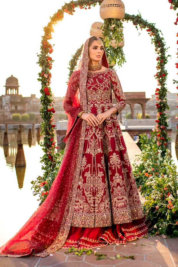 Pakistani Bridal Dress in Maroon Cotton Net & Raw Silk