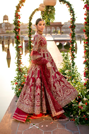 Pakistani Bridal Dress in Maroon Cotton Net & Raw Silk