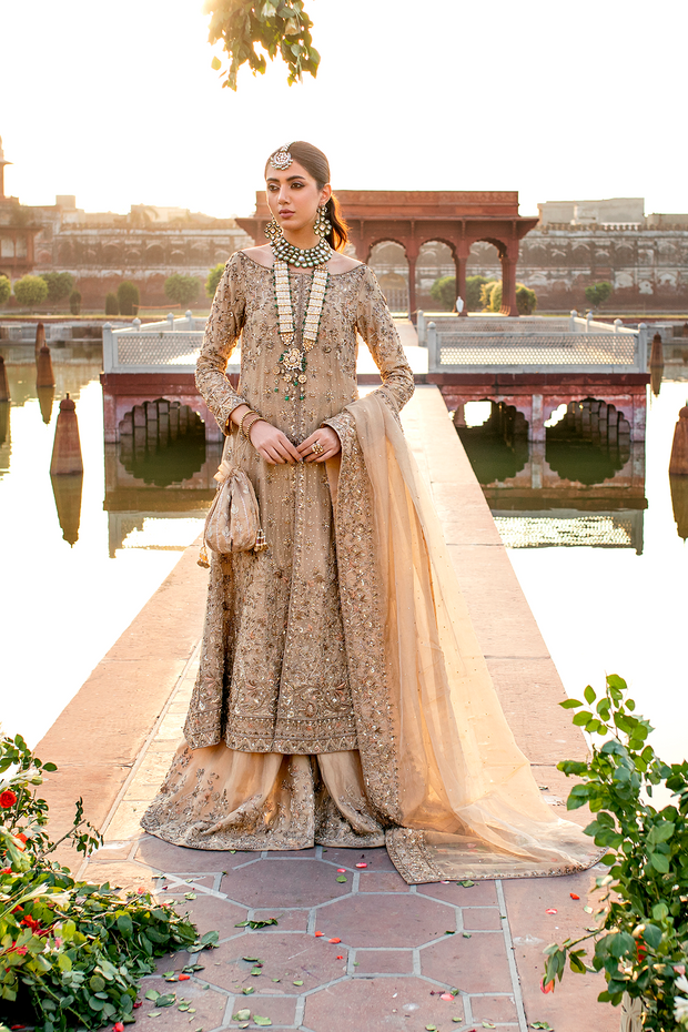 Pakistani Bridal Dress in Gold Tissue with Flared Sharara