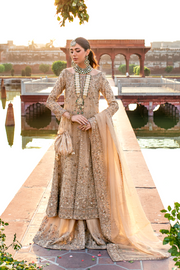 Pakistani Bridal Dress in Gold Tissue with Flared Sharara