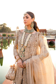 Pakistani Bridal Dress in Gold Tissue with Flared Sharara