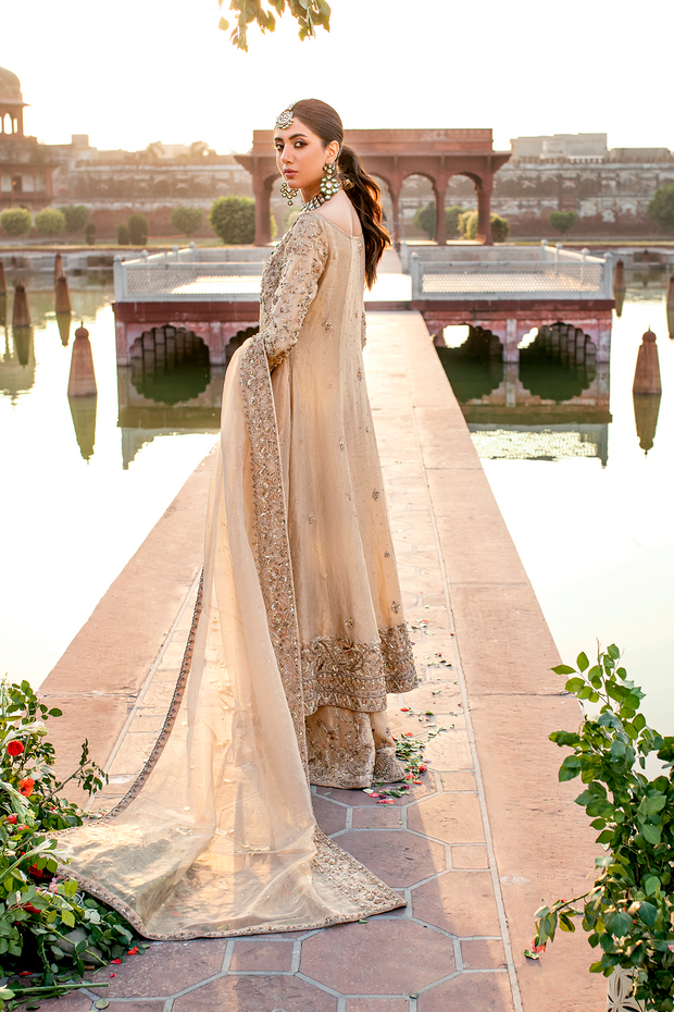 Pakistani Bridal Dress in Gold Tissue with Flared Sharara