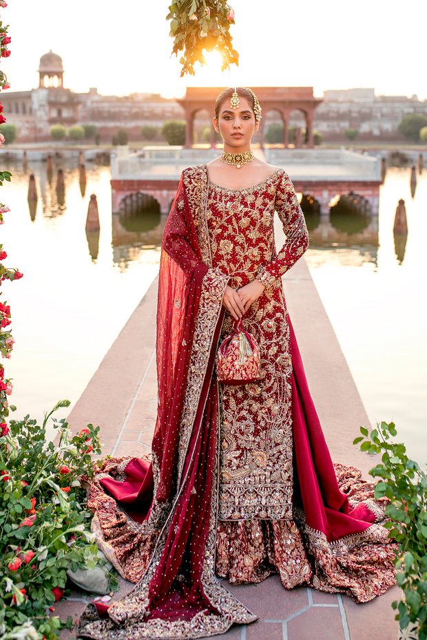 Maroon Pure Khadi Pakistani Bridal Dress with Farshi Lehnga