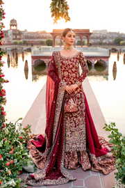 Maroon Pure Khadi Pakistani Bridal Dress with Farshi Lehnga