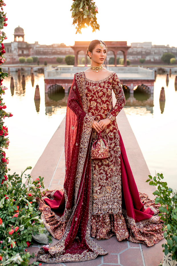 Maroon Pure Khadi Pakistani Bridal Dress with Farshi Lehnga