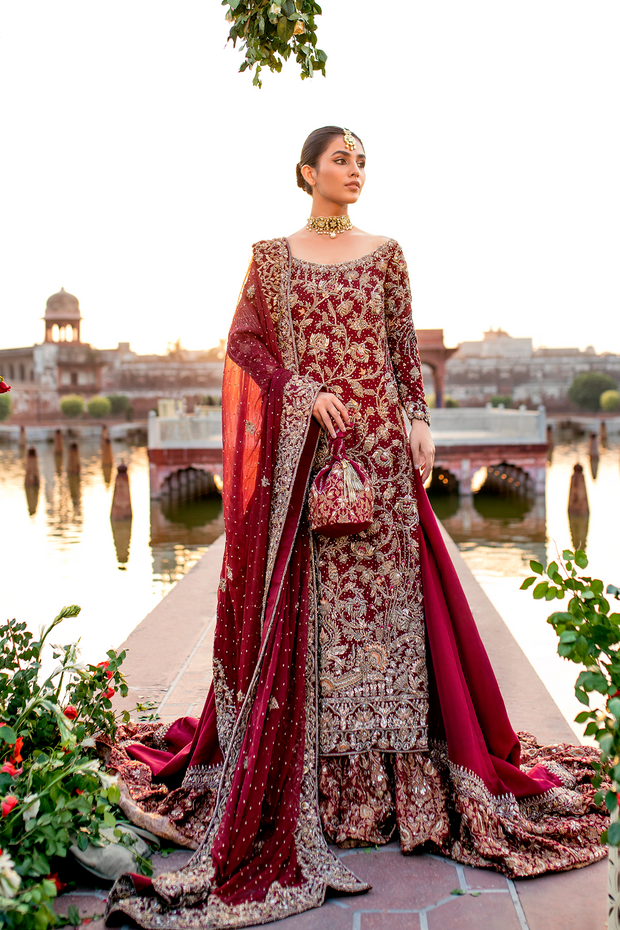 Maroon Pure Khadi Pakistani Bridal Dress with Farshi Lehnga