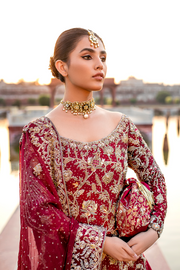 Maroon Pure Khadi Pakistani Bridal Dress with Farshi Lehnga