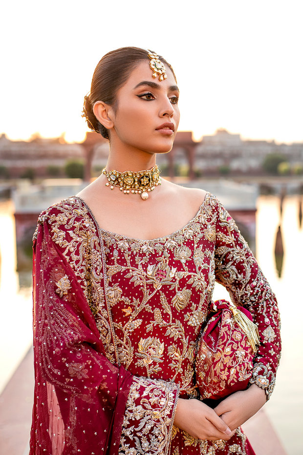 Maroon Pakistani Bridal Dress with Flared Farshi Lehnga