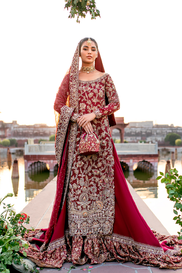 Maroon Pakistani Bridal Dress with Flared Farshi Lehnga