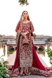 Maroon Pure Khadi Pakistani Bridal Dress with Farshi Lehnga