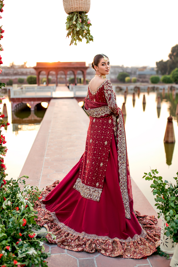 Maroon Pure Khadi Pakistani Bridal Dress with Farshi Lehnga