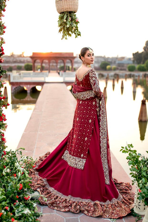 Maroon Pakistani Bridal Dress with Flared Farshi Lehnga