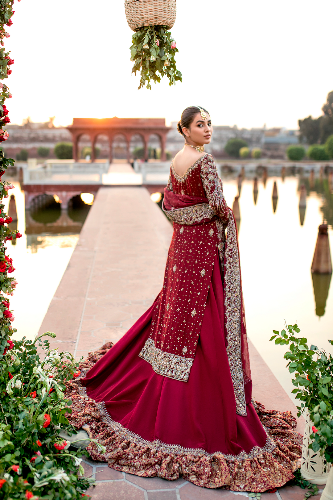 Elegant Maroon Pakistani Bridal Dress in Pure Khadi