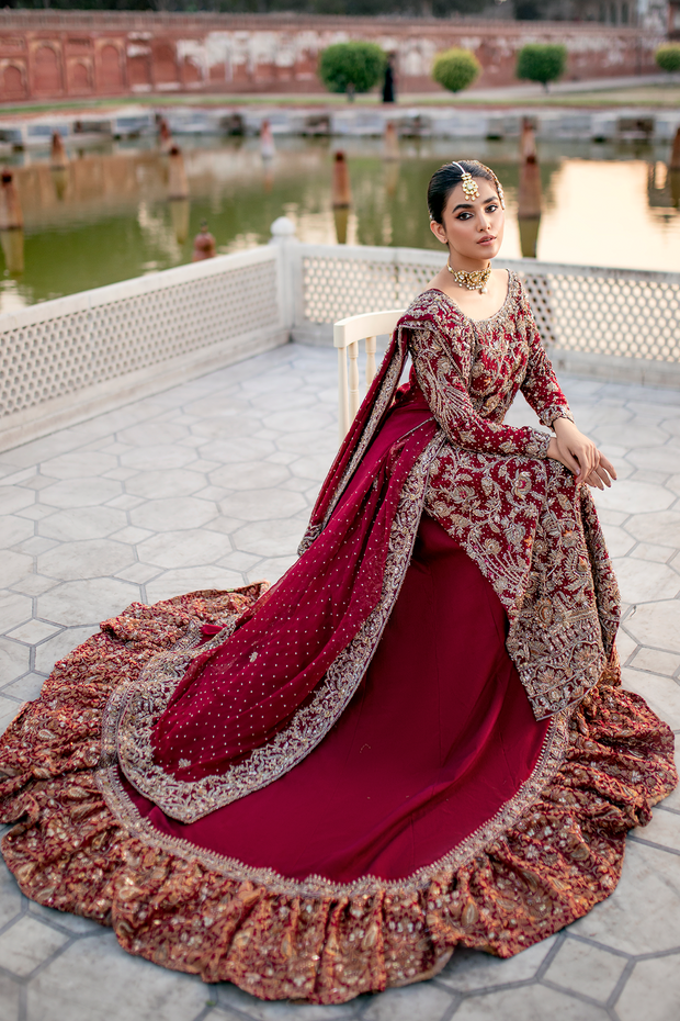 Maroon Pure Khadi Pakistani Bridal Dress with Farshi Lehnga