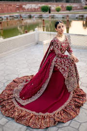 Maroon Pakistani Bridal Dress with Flared Farshi Lehnga