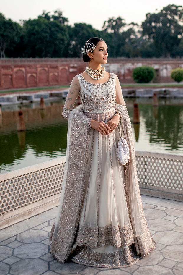 Pakistani Bridal Dress in Offwhite Net and Silk