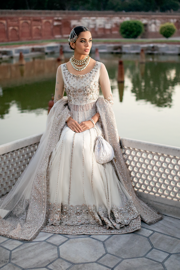 Pakistani Bridal Dress in Offwhite Net and Silk