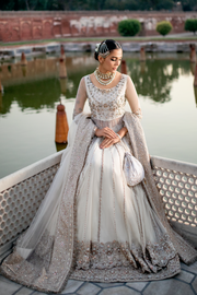 Pakistani Bridal Dress in Offwhite Net and Silk