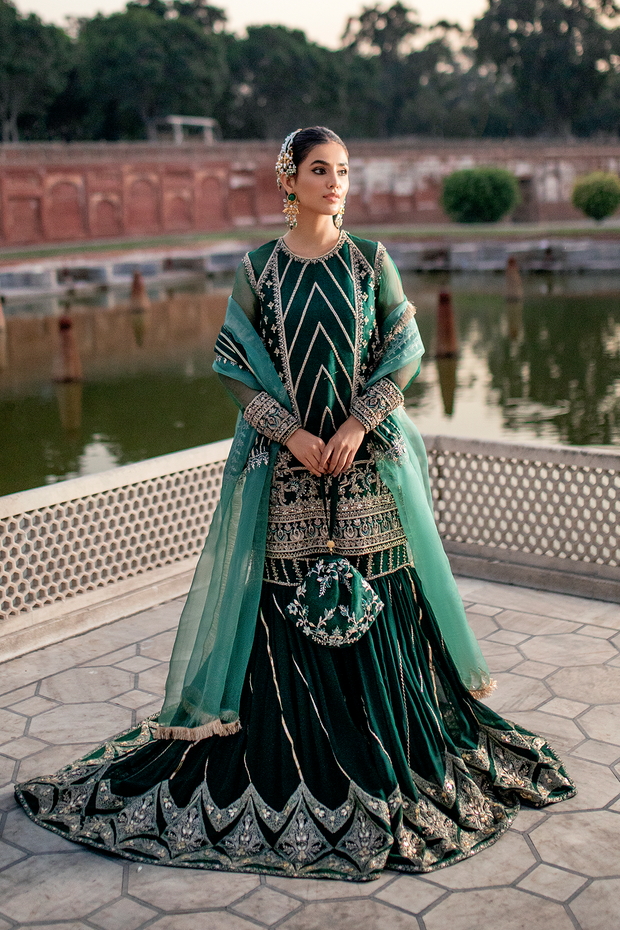 Stunning Bottle Green Pakistani Bridal Dress with Gharara