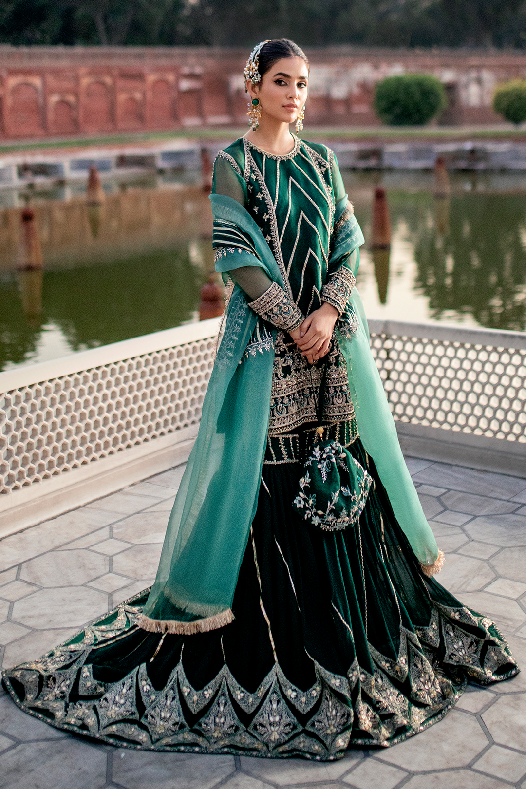 Stunning Bottle Green Pakistani Bridal Dress with Gharara