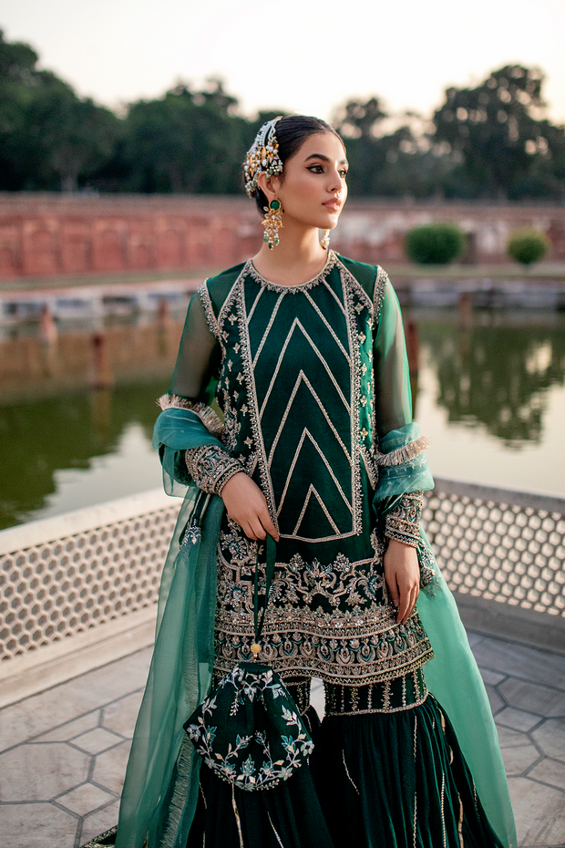 Stunning Bottle Green Pakistani Bridal Dress with Gharara