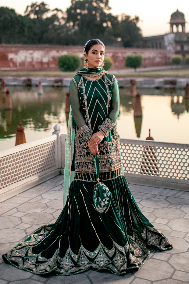 Stunning Bottle Green Pakistani Bridal Dress with Gharara Nameera by Farooq Stunning Bottle Green Pakistani Bridal Dress with Gharara Nameera by Farooq