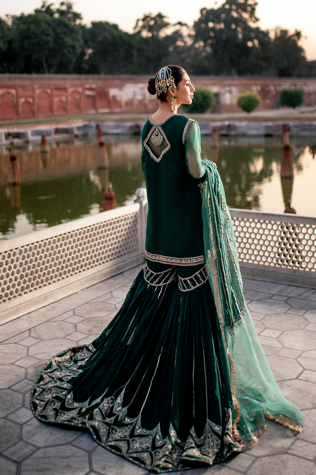 Stunning Bottle Green Pakistani Bridal Dress with Gharara