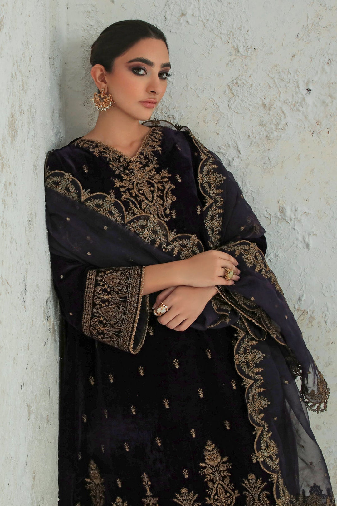 Embroidered Velvet Dress with Dupatta