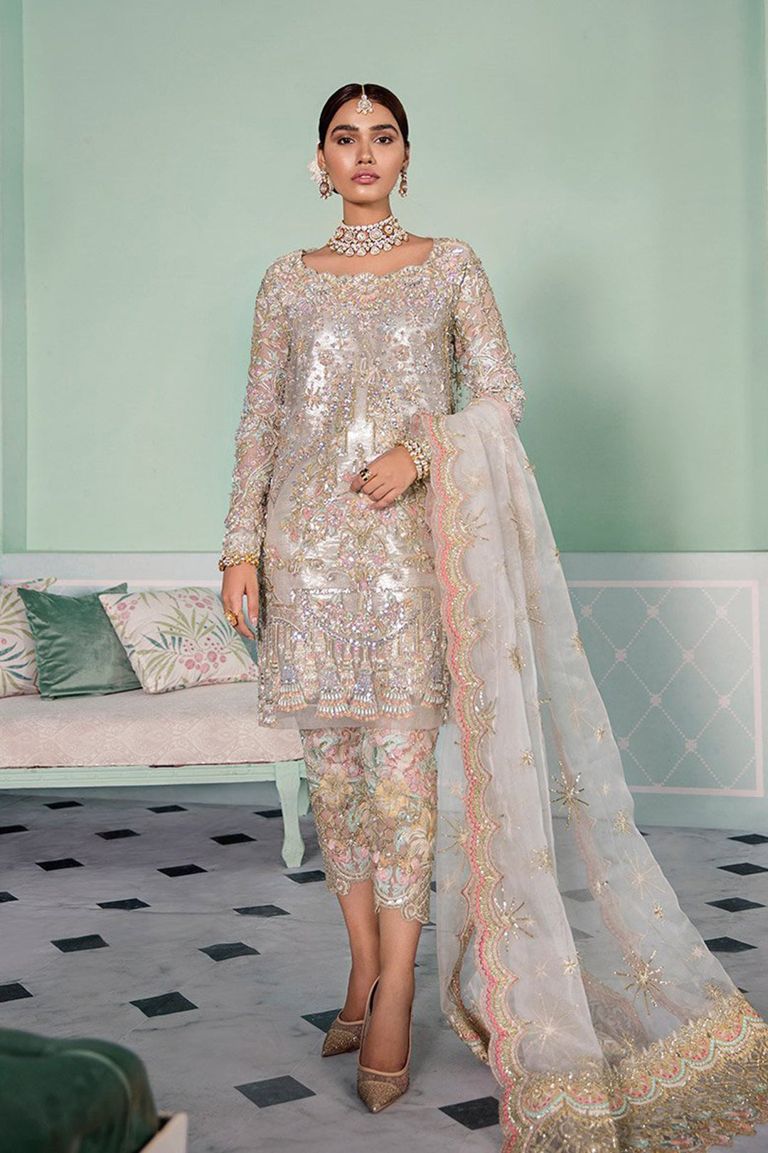 Elegant Ivory Pakistani Party Dress with Embellishments