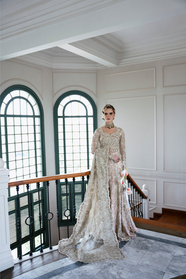 Champagne Pakistani Bridal Outfit with Intricate Embroidery