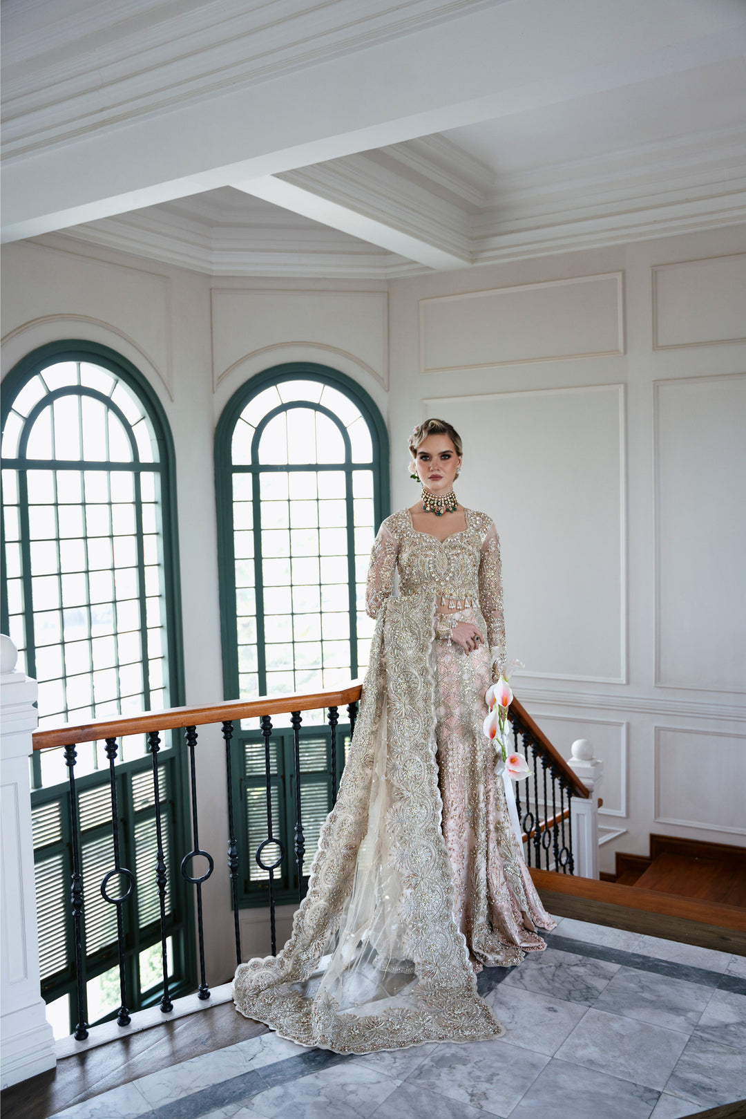 Champagne Pakistani Bridal Outfit with Hand Embroidery and Lehnga