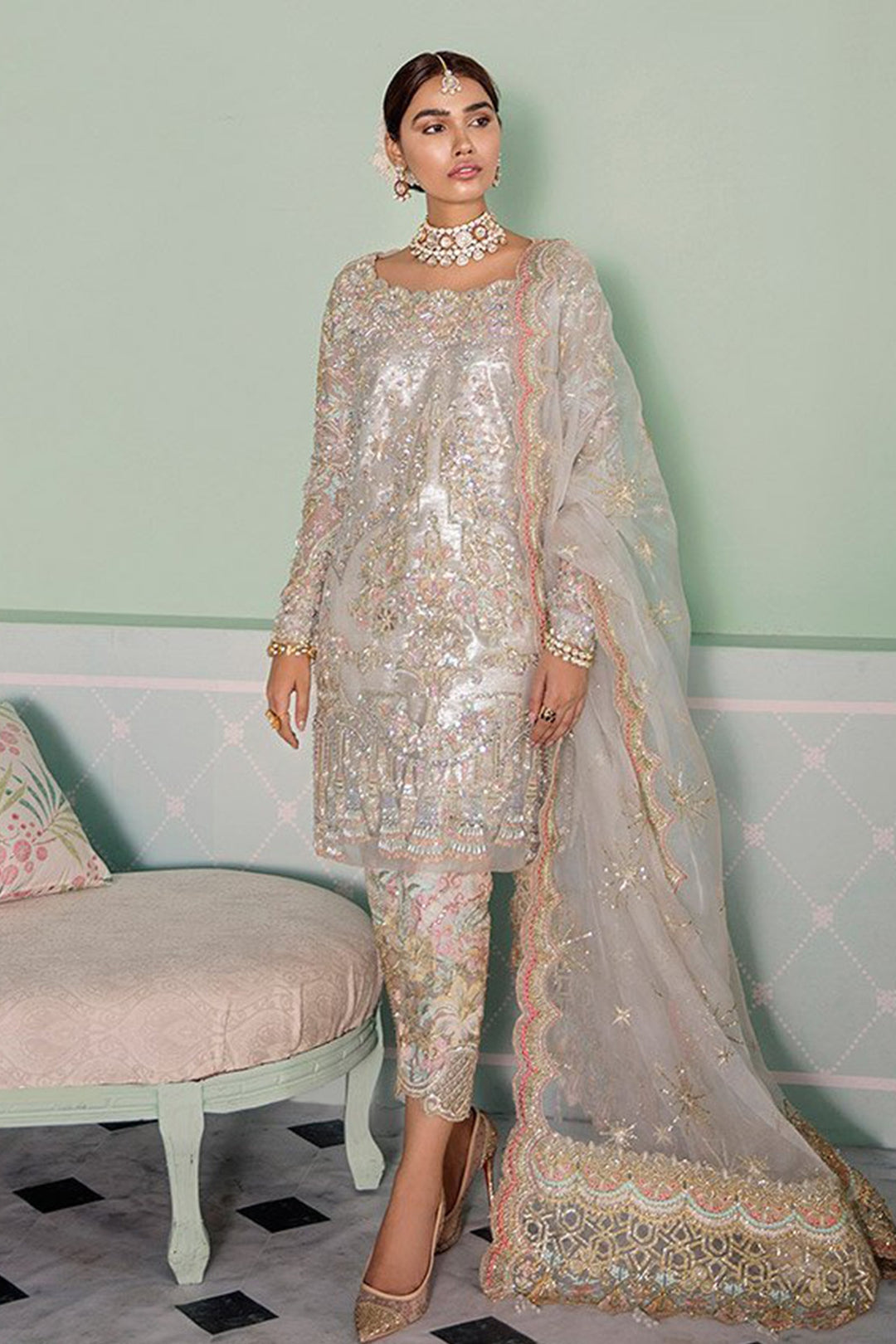 Elegant Ivory Pakistani Party Dress with Embellishments