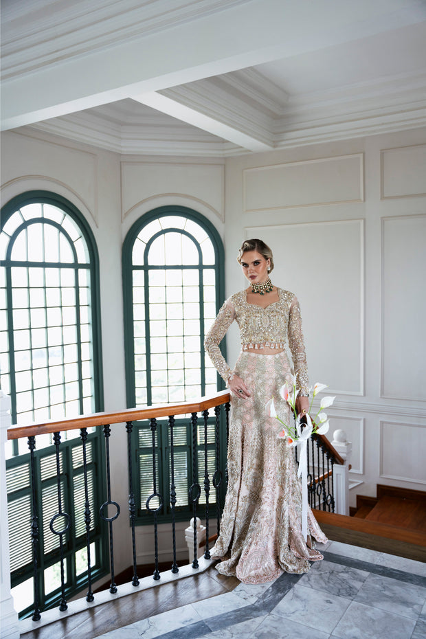 Champagne Pakistani Bridal Outfit with Intricate Embroidery