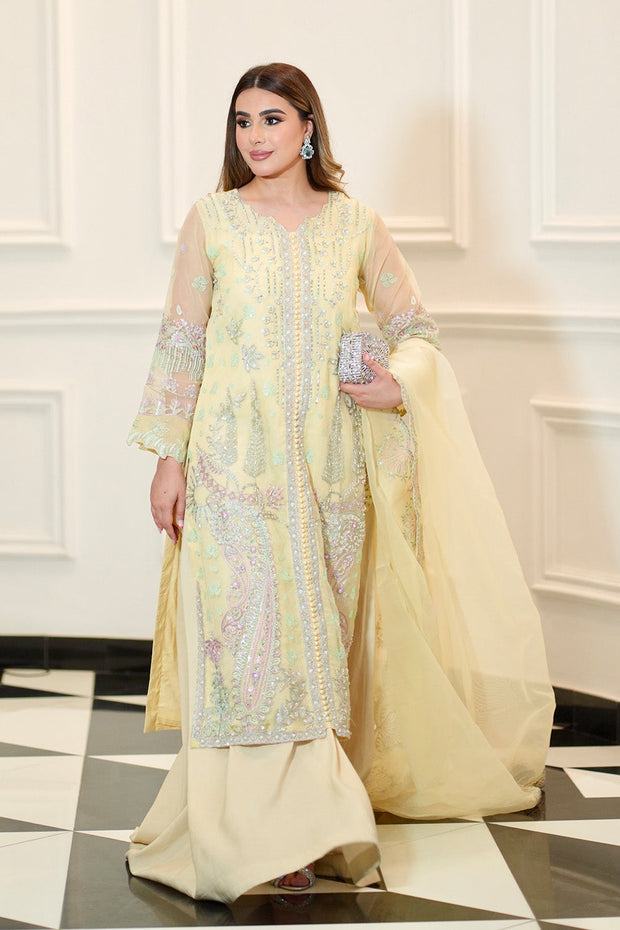 Lime Embroidered Organza Ensemble With Dupatta Pakistani