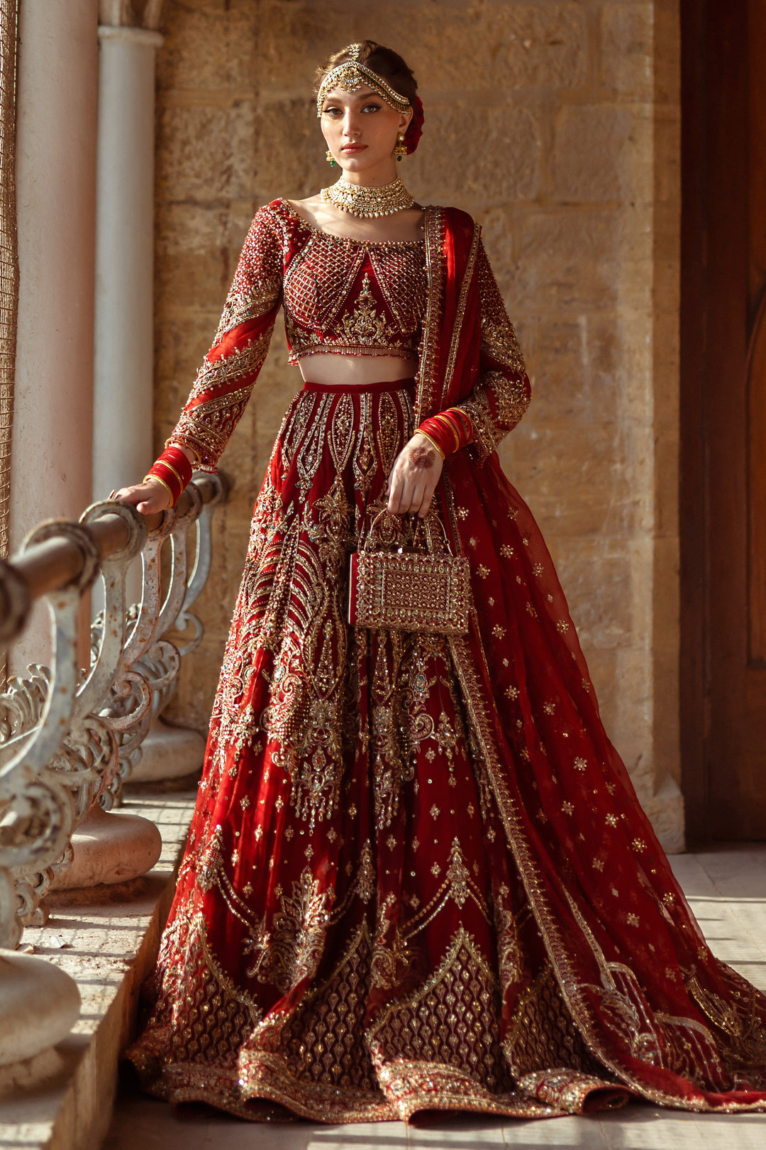 Stunning Apple Red Pakistani Bridal Dress with Heavy Embroidery