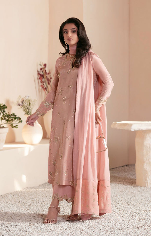 Elegant Tea Pink Pakistani Party Dress for Special Occasions