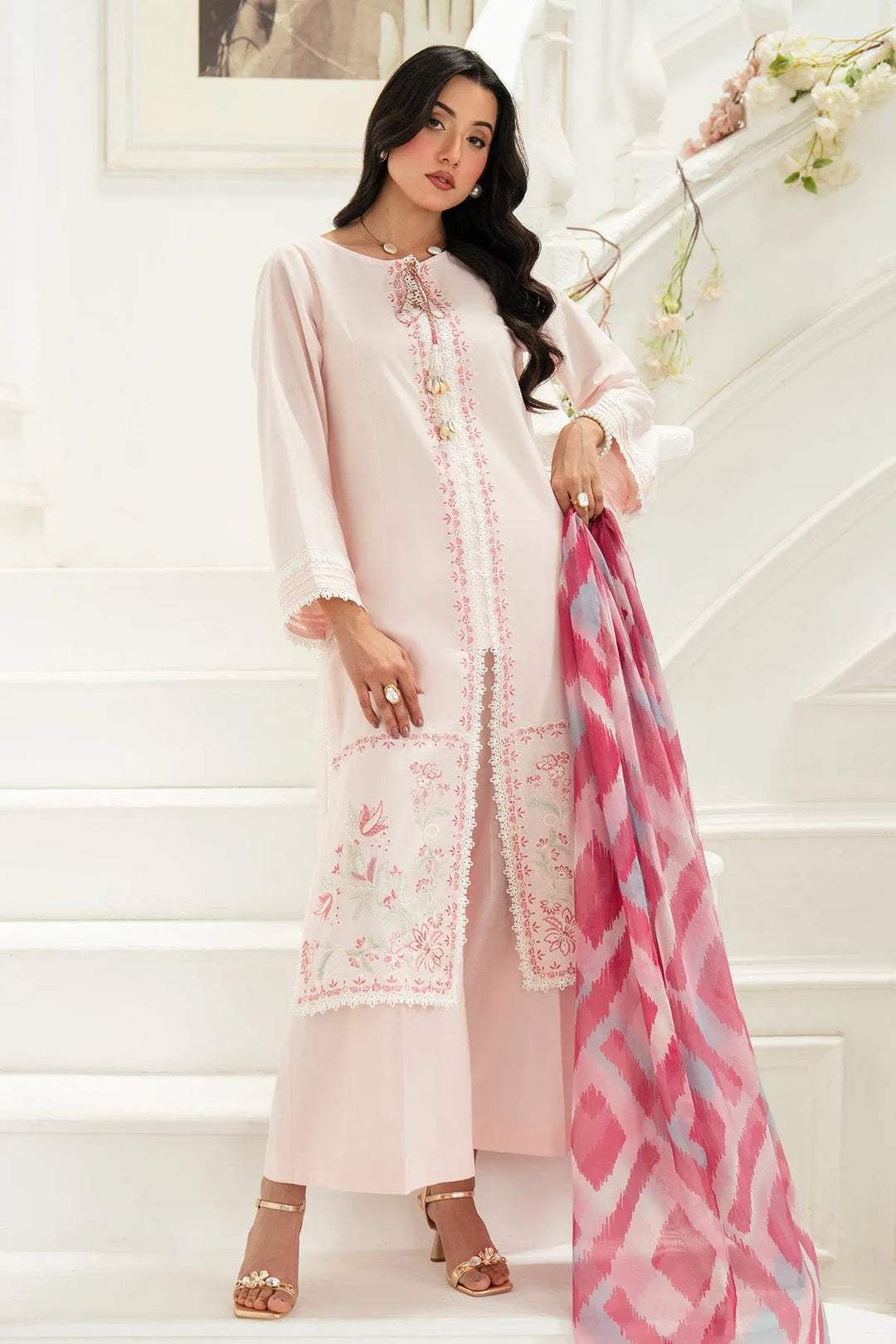 Embroidered Cotton Shirt And Trouser Set With Dupatta 98Aa