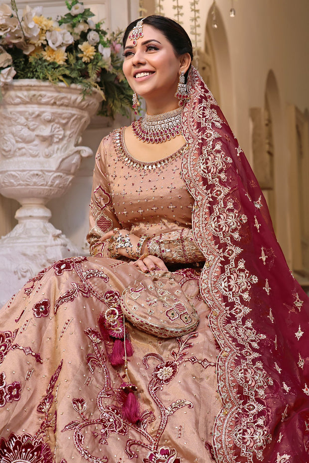 Elegant Pakistani Bridal Dress in Rose Pink & Maroon with Embroid