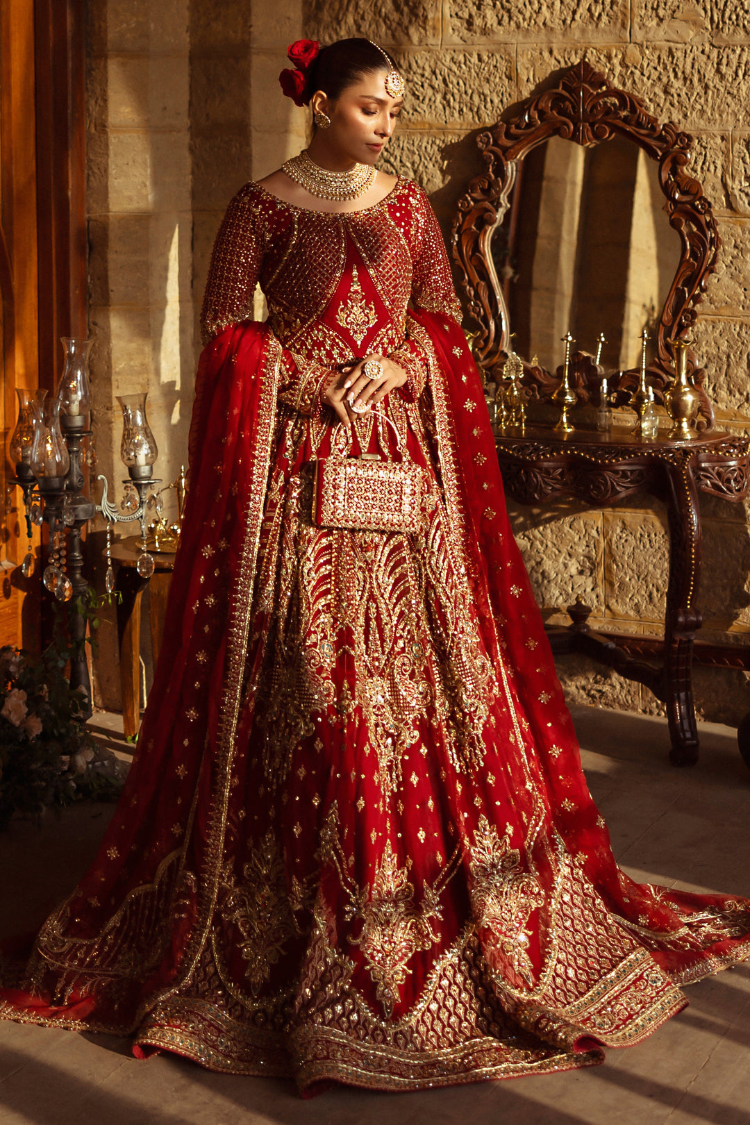 Apple Red Pakistani Bridal Dress with Heavy Embroidery