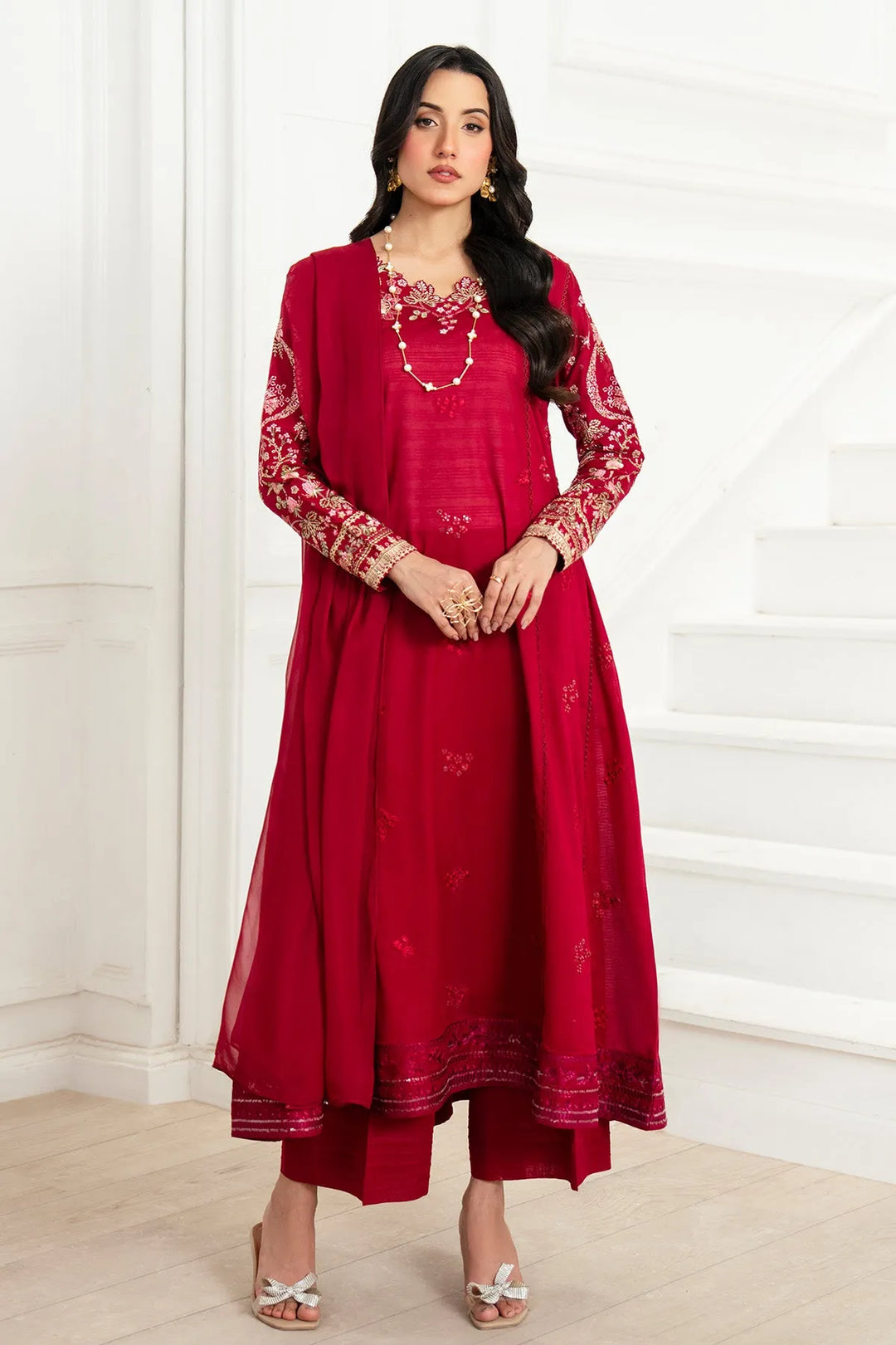 Embroidered Chiffon Gown With Shawl