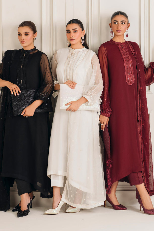 Embroidered Chiffon Party Dress Set in Ivory