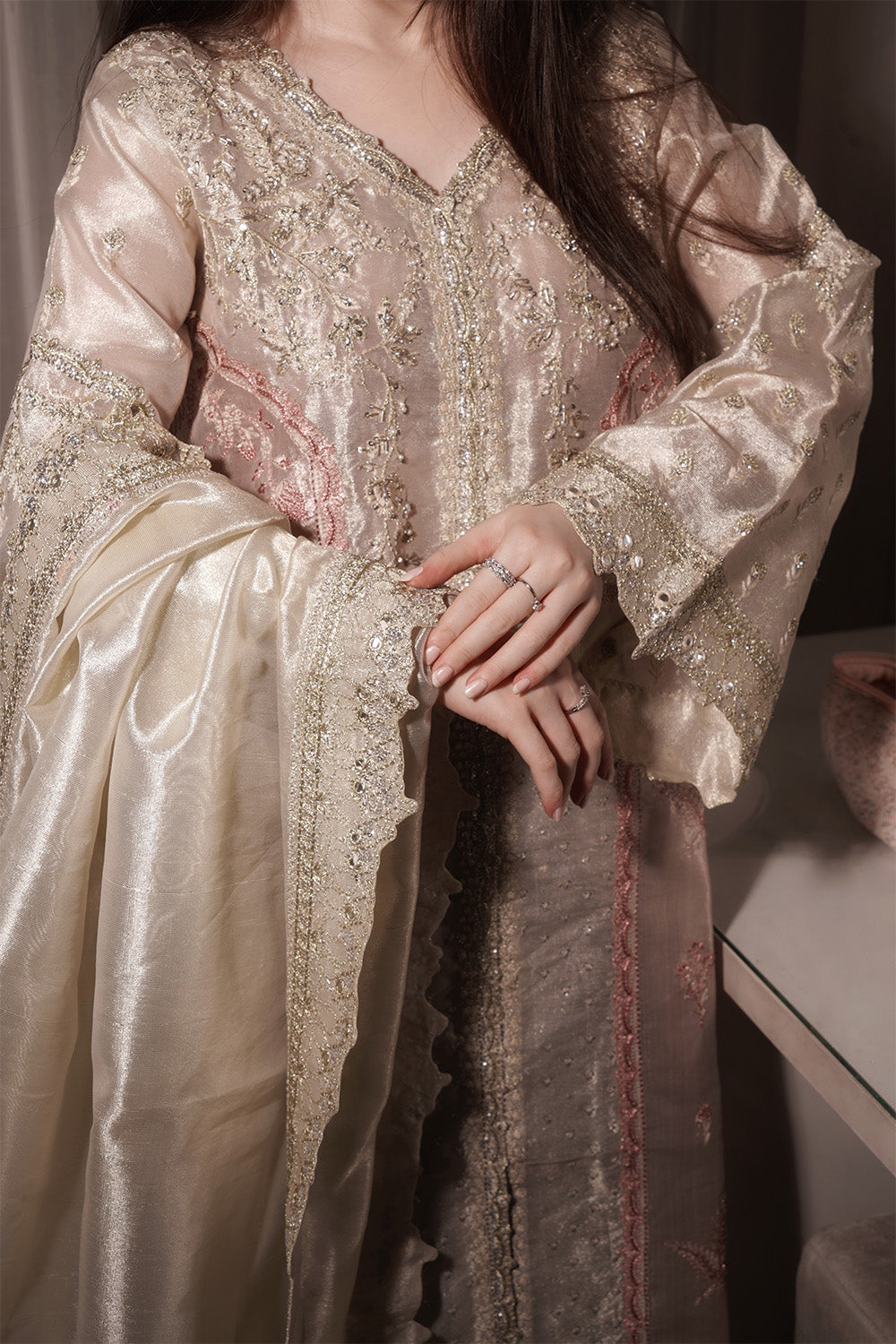 Silver Embroidered Tissue Ensemble Pakistani Party Dress