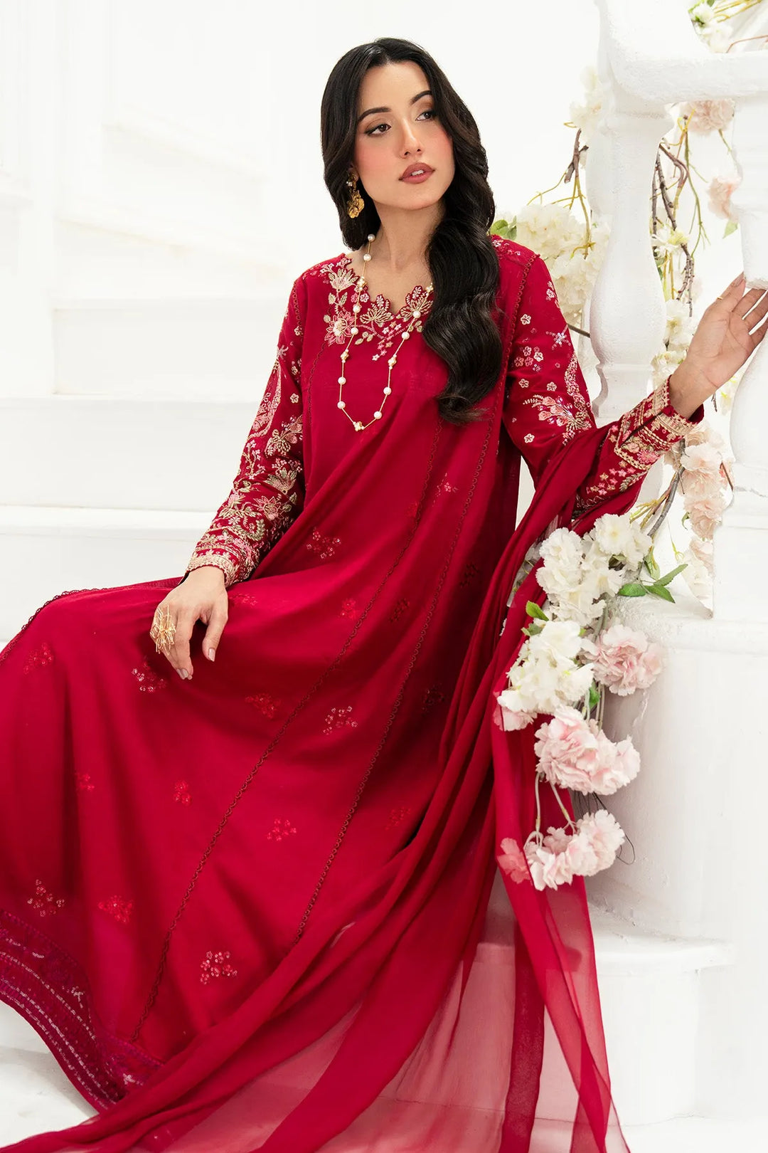 Embroidered Chiffon Gown With Shawl