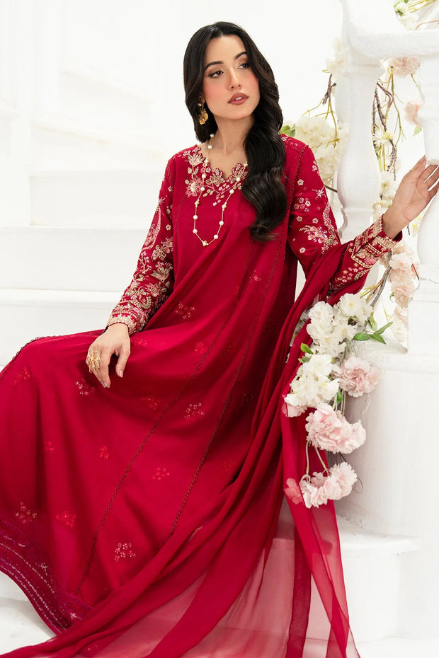Embroidered Chiffon Gown With Shawl