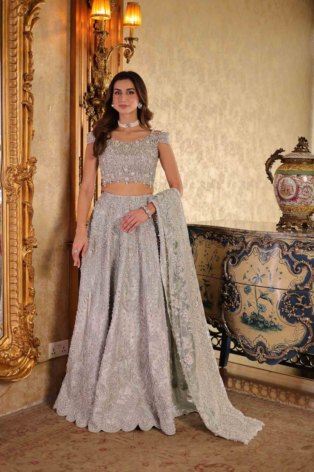 Exquisite Silver Grey Pakistani Bridal Outfit with Embroidery