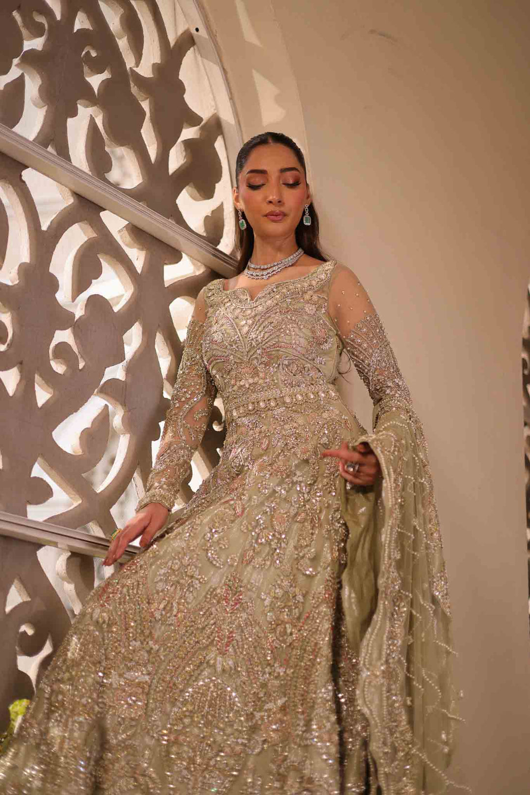 Elegant Soft Sage Green Pakistani Bridal Dress