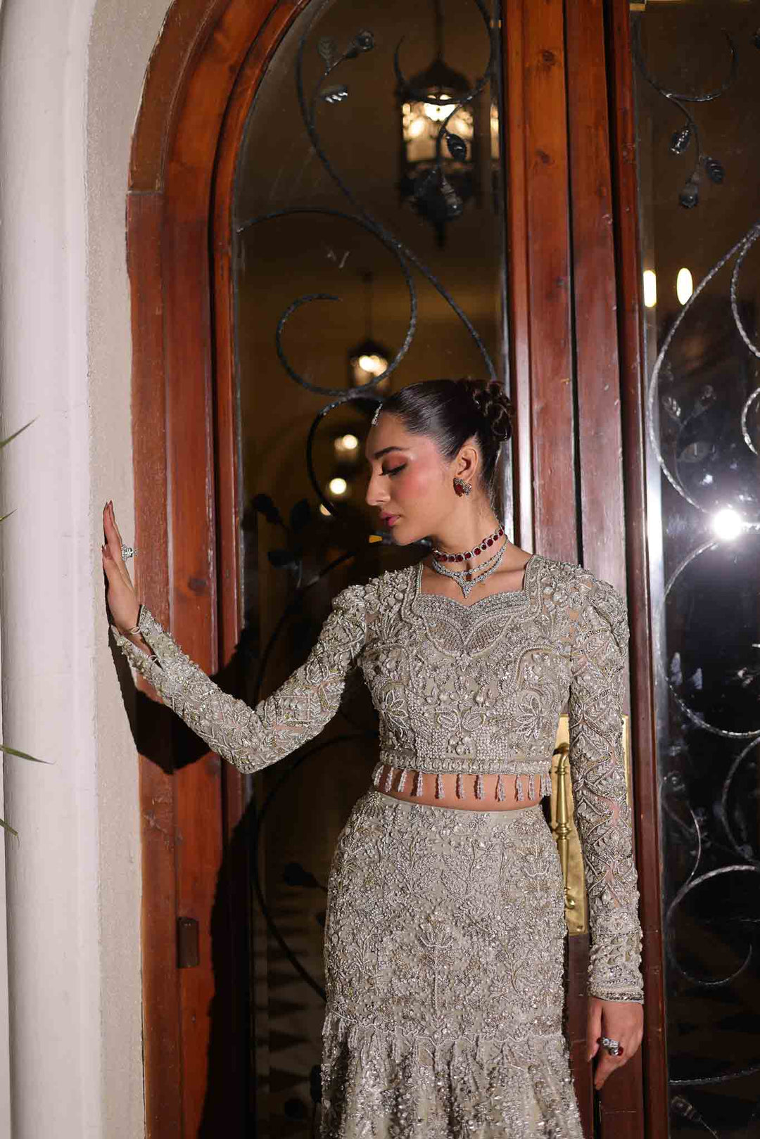 Icy Silver Pakistani Bridal Outfit with Pearl and Sequin Embroide