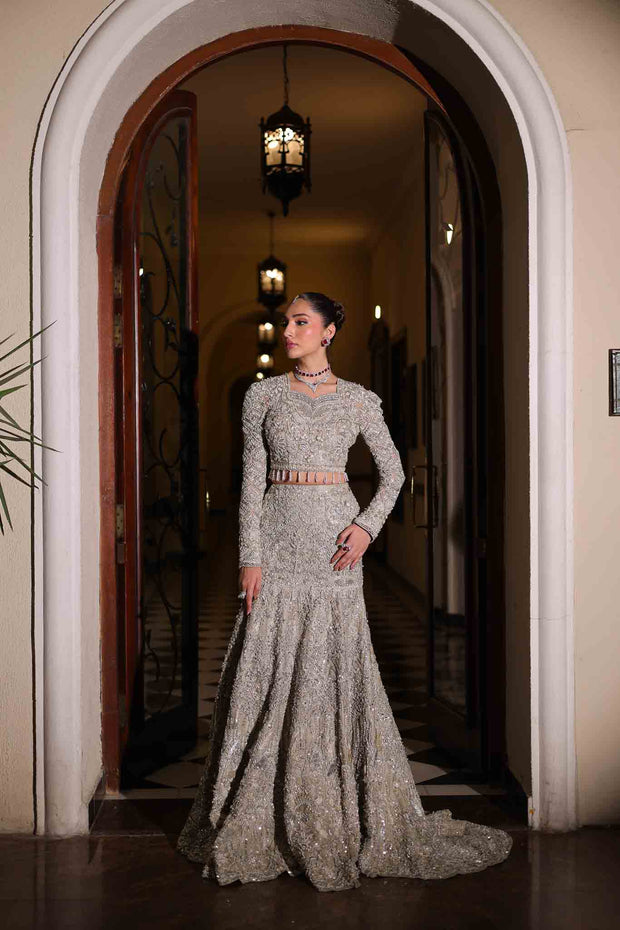 Elegant Icy Silver Pakistani Bridal Dress for Modern Brides